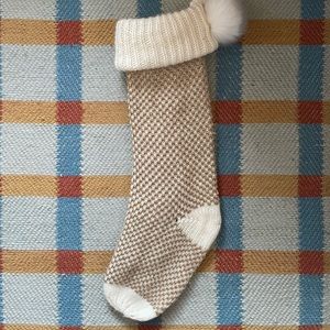 Anthropologie Snowfall Gold Cream Sparkly Christmas Stocking with Pom Pom